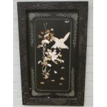 A Japanese lacquered plaque with bone bird and floral decoration in as found condition