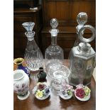 Three lass decanters, polish pewter wine pourer, cloisonne and other vases,