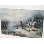 A late Victorian watercolour of a Dutch snow scene with river, windmill and cottage, signed,