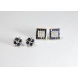 Two pairs of sapphire and diamond cluster earrings,