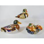 A collection of three Royal Crown Derby paperweights depicting ducks, Carolina duck,
