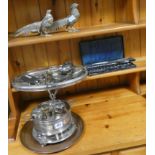 A pair of pheasant ornaments, oval plated tray, cutlery, part egg cruet,