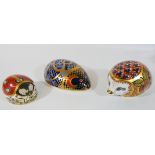 A collection of three Royal Crown Derby paperweights hedgehog,