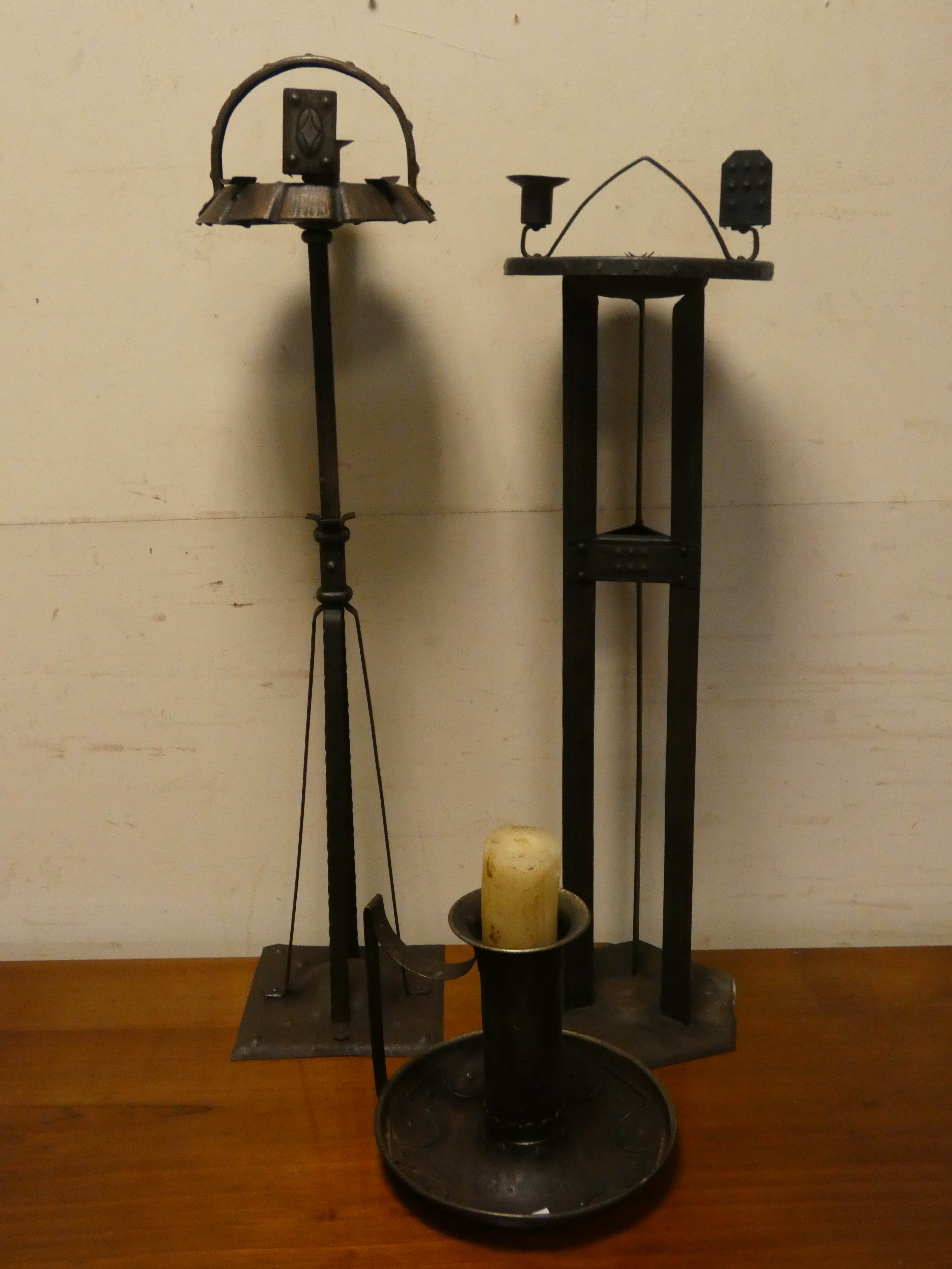 Two early 20th century metal smokers pedestals and a metal candlestick - Image 2 of 2