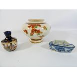 Three pieces of oriental pottery to include a blue and white inkwell