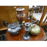 Copper and brass Samovar, a pair of twist column brass candlesticks, kettle,