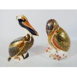 A collection of two Royal Crown Derby bird paperweights - Brown pelican and a King fisher