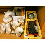 A clown peplum puppet, dolls coffee set, pens,