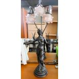 A bronze effect lady figure table lamp with pink glass shades,
