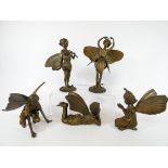 A group of five contemporary bronze figures of fairies after Cicely Barker and three miniature