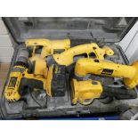 A DeWalt cordless drill, saw,