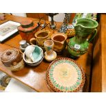 Assorted jugs, old biscuit tin, plates,