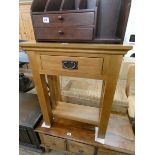 Heavy light oak two tier bedside table fitted drawer