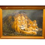 Early 20th century oil painting of a pair of lions signed E W Burnett 1927,