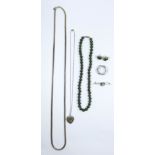 A collection of ladies jewellery to include a long silver chain necklace, a heart shaped pendant,