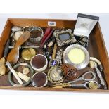 Two trays of collectibles and jewellery to include a circular miniature silver photograph frame,