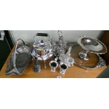 A plated spirit kettle on stand, cruet, cake stand,