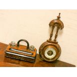 A Victorian ebonised and walnut ink stand and a walnut wall barometer