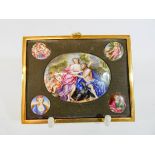 A Continental porcelain painted plaque depicting lovers and putti in a landscape together with four