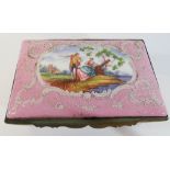 An antique pink enamelled box, each panel decorated with pastoral scenes, 13.