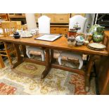 A heavy pine refectory style farmhouse kitchen or dining table with plank top,