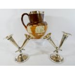 A pair of hall marked silver twin branch specimen vases together with a Royal Doulton jug with