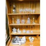A quantity of assorted cutlery, plated tray, Lilliput Lane Cottages, oil lamp, wine glasses,