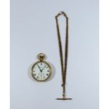 9ct gold open faced pocket watch by J W Benson and a graduated rose gold albert chain with T bar,