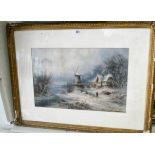 A Bredow, 19th century watercolour of a frozen snowy scene with river, windmill and cottage, signed,