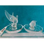 A Lalique dove pin try and a Lalique wren decorated pin tray,