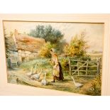 After Myles Birket Foster - watercolour of a girl in a farmstead with geese, 18 x 23 cms,