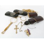 Vintage Lorgnette, old spectacles, two pairs of gentleman's enamelled cufflinks,