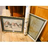 Two framed Japanese prints and a Japanese scroll