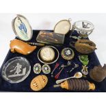 A tray of collectibles to include micro mosaic jewellery,