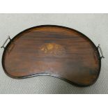 An Edwardian inlaid mahogany kidney shaped tray with brass handles