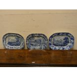 Three various Victorian blue and white meat plates decorated with castle scenes