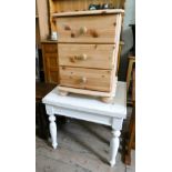 A modern pine bedside chest fitted three drawers and a square white coffee table