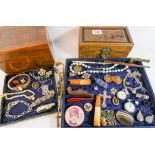 Two trays of jewellery and collectibles to include fob watches, cameos set bangle, gate bracelet,