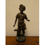 Contemporary bronze of a young boy standing by Anvil,
