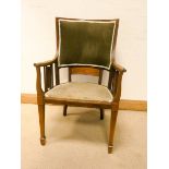 Edwardian inlaid mahogany tub shaped elbow chair with green upholstered seat and back