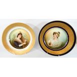 Two Rosenthal cabinet portrait plates depicting classical maidens with gilt borders, 6cm across,