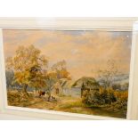 19th Century English school, a farmer with his cattle and his dog near an old barn, watercolour,