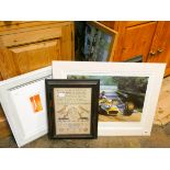 Two racing car prints and one other together with four prints of old tapestries