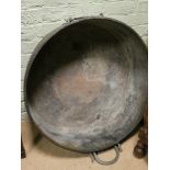 A large Victorian circular copper preserve pan with brass handles,