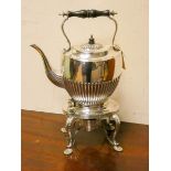 A Victorian half fluted plated spirit kettle on stand,