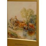 After Myles Birket Foster - watercolour of figures on cart with cattle and sheep by pond,