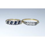 ladies 18ct gold three stone diamond ring and a 9ct gold sapphire and diamond ring,