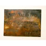 An old copper name plate for 'The National Union of Women's Suffrage Societies, Law Abiding,