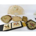 Mother of Pearl and lace fan, collection of evening bags,