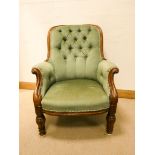 Victorian mahogany framed elbow chair with buttoned upholstered back in green